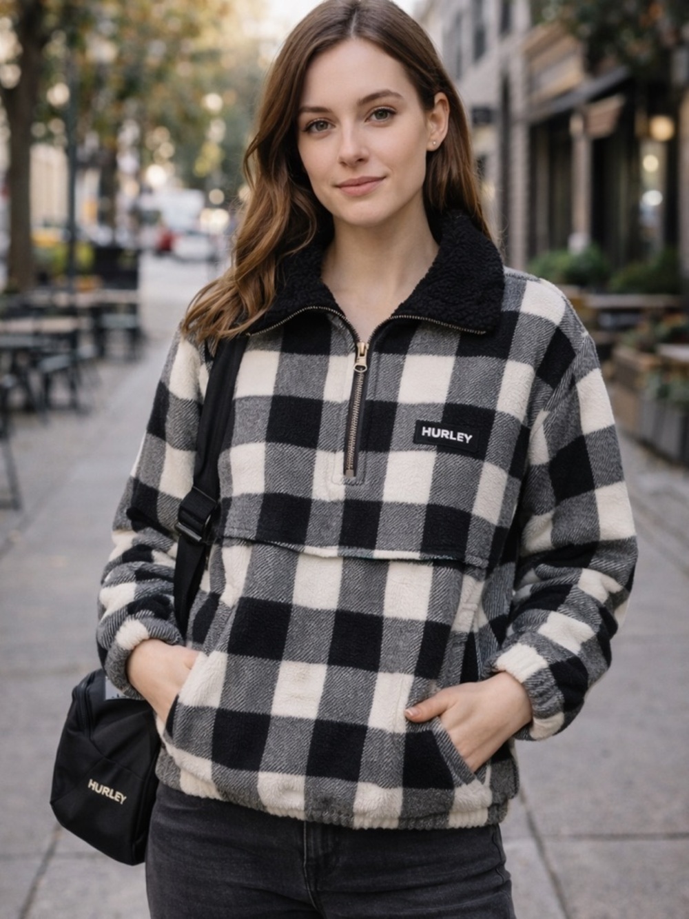 Hurley Women’s Buffalo Plaid Pullover with Sherpa Collar – Size Small